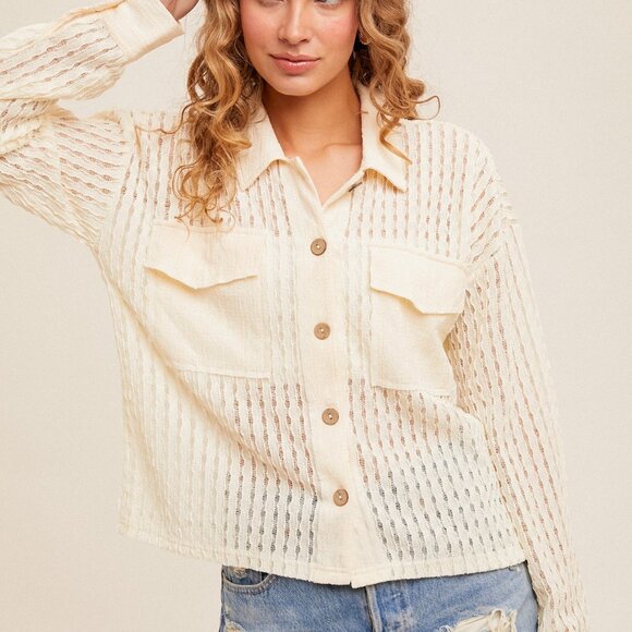 HEM & THREAD Cream Textured Sheer Button-Up Top, Lightweight Shacket  Blouse - Picture 4 of 6